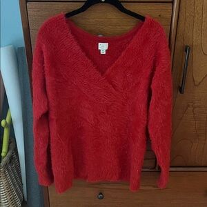 a new day fuzzy Red V-Neck Sweater